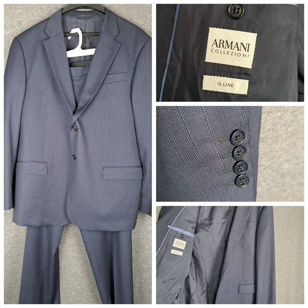 Armani Collezioni G-Line Mens 36 Navy Blue Striped Wool Suit Blazer Pants 37x32